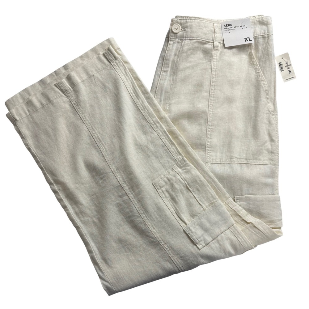 Aeropostale Womens XL Straight Leg Wide Cargo Linen Blend Pants Off‎ White NWT